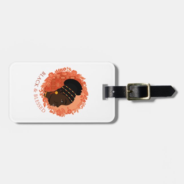 Floral Black & Blessed Luggage Tag (Front Horizontal)
