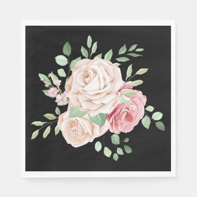 Floral Black Blush Pink Elegant Rose Napkin (Front)