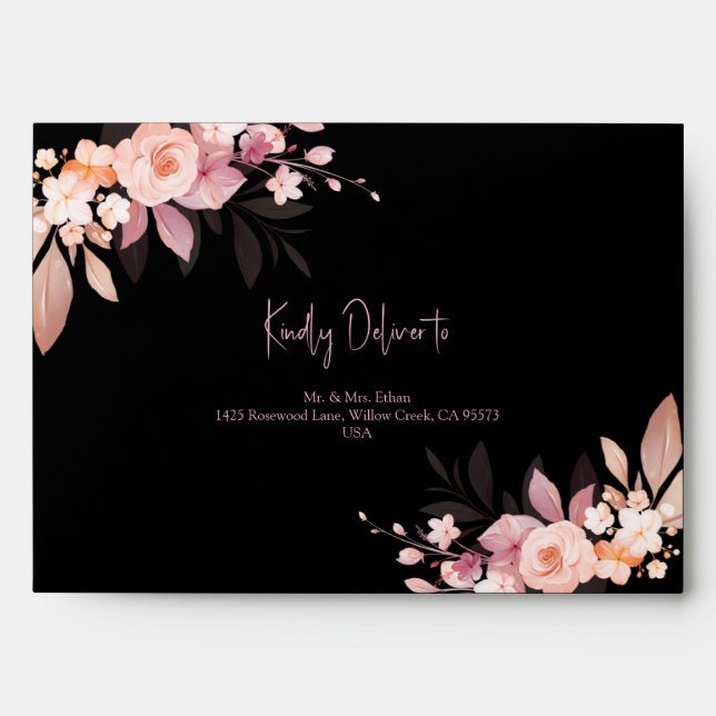 Floral Black & Blush Rose Wedding  Envelope (Front)