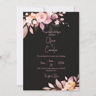 Floral Black & Blush Rose Wedding Invitation