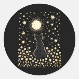 Floral Black Cat And Moon Halloween Cottagecore Classic Round Sticker