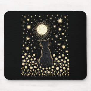 Floral Black Cat And Moon Halloween Cottagecore Mouse Pad