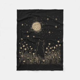 Floral Black Cat Moon Halloween Cottagecore Fleece Blanket