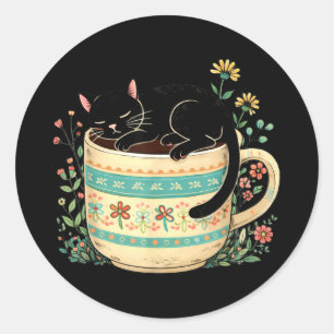 Floral black cat sleeping on coffee classic round sticker