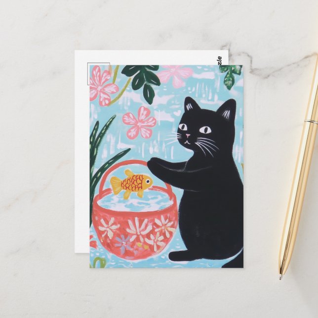 Floral Black Cat with Goldfish in Basket Postcard (Front/Back In Situ)