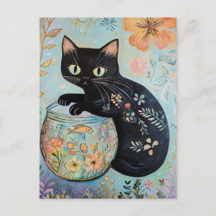 Floral Black Cat with Goldfish Postcard