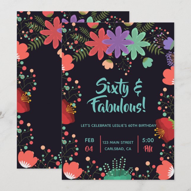 Floral Black colourful garden fabulous birthday Invitation (Front/Back)