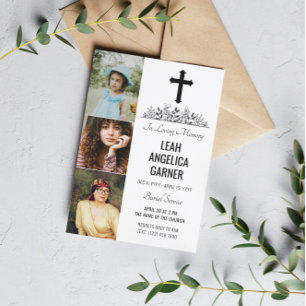 Floral Black Cross 3 Photos White Burial Service Invitation