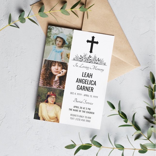 Floral Black Cross 3 Photos White Burial Service Invitation (Creator Uploaded)