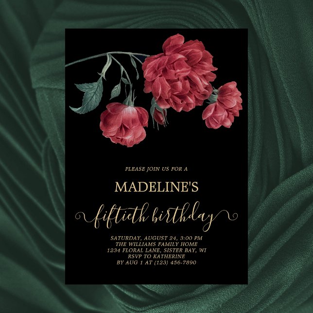 Floral Black Gold 50th Birthday Party Invitation (Creator Uploaded)