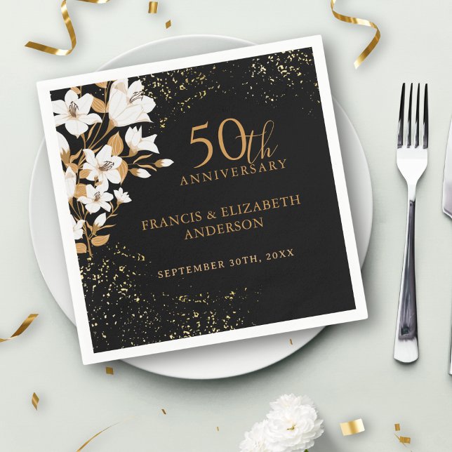 Floral Black Gold  50th Wedding Anniversary Napkin (Creator Uploaded)