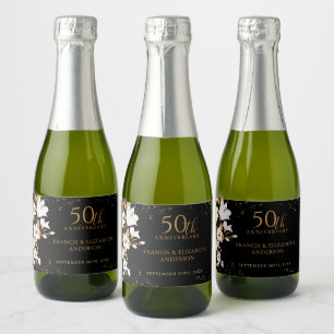Floral Black Gold  50th Wedding Anniversary Sparkling Wine Label