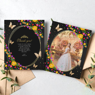 Floral Black Gold Butterfly Quinceañera Photo