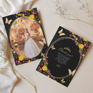 Floral Black Gold Butterfly Quinceañera Photo Thank You Card