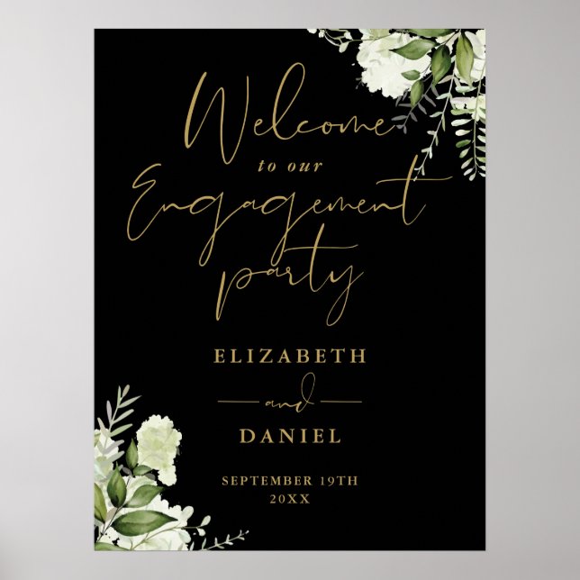 Floral Black Gold Engagement Party Welcome Sign (Front)