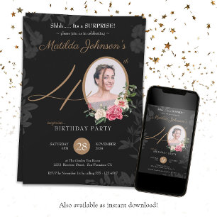Floral Black Gold Photo Surprise 40th Birthday  Invitation