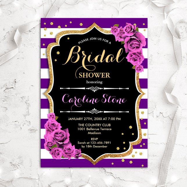 Floral Black Gold Purple Stripes Bridal Shower Invitation (Creator Uploaded)