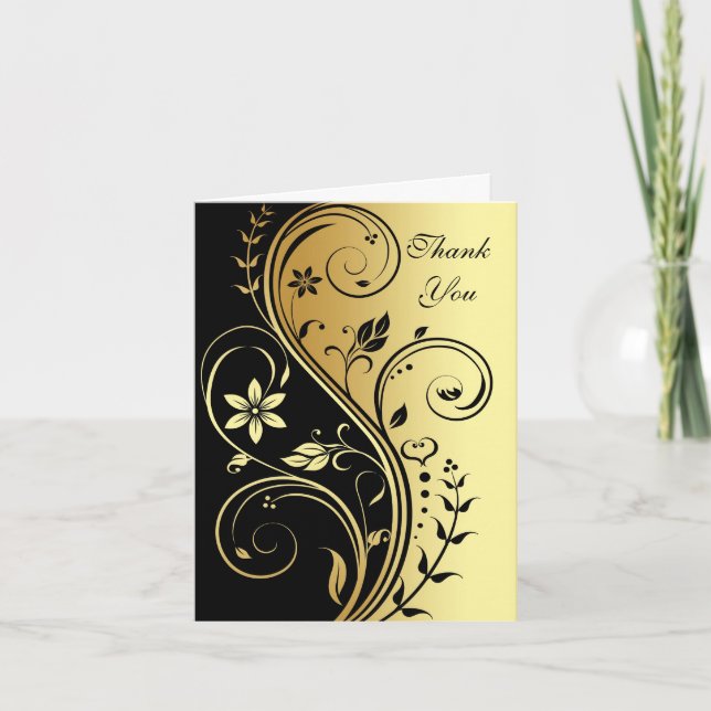 Floral Black & Gold Scroll Wedding Thank You Card (Front)