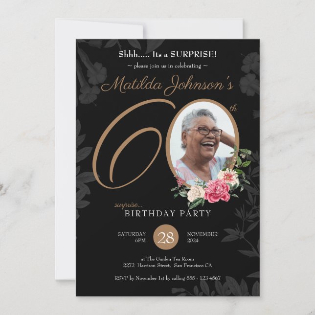Floral Black Gold Surprise 60th Birthday  Invitation (Front)