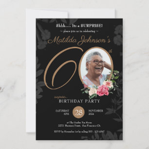 Floral Black Gold Surprise 60th Birthday  Invitation