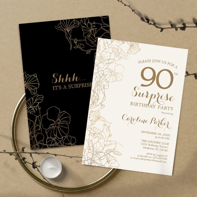 Floral Black Gold Surprise 90th Birthday Party Invitation (Creator Uploaded)