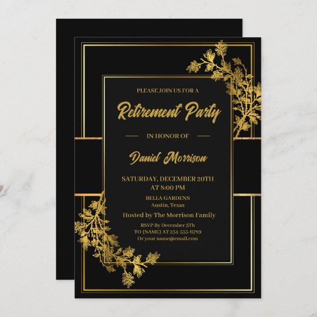 Floral Black Gold Surprise Retirement Party 2024 Invitation (Front/Back)