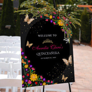 Floral Black Gold Tiara Butterfly Mis Quinceañera Poster