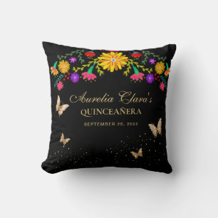 Floral Black Gold Tiara Butterfly Quinceanera Cushion