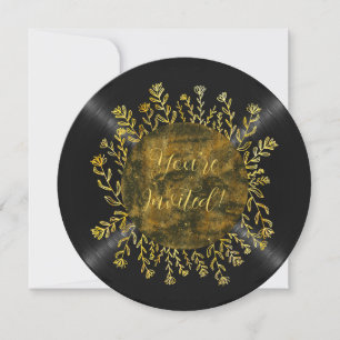 Floral Black Gold Vinyl Record Dj Birthday Party Invitation