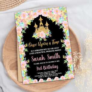 Floral Black Golden Princess Birthday Invitation