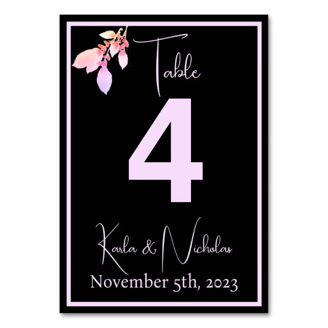 Floral Black & Lavender Wedding Table Number (Front)