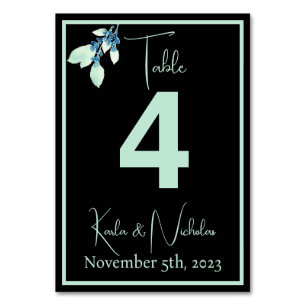 Floral Black & Pale Mint Green Wedding Table Number