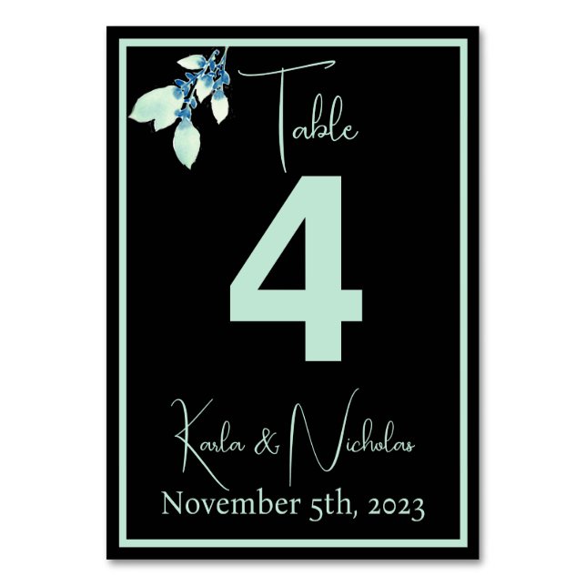 Floral Black & Pale Mint Green Wedding Table Number (Front)