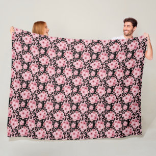 Floral Black Pink Cherry Blossom Sakura Fleece Blanket