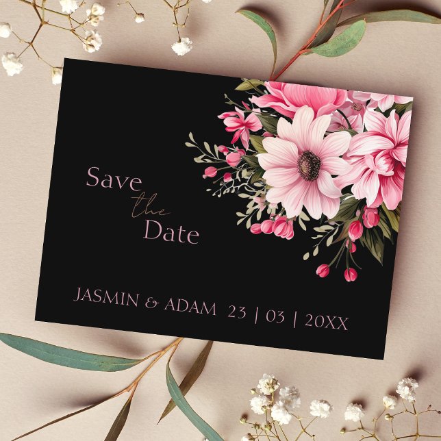 Floral Black Pink Dark Wedding Save the Date Postcard (Creator Uploaded)