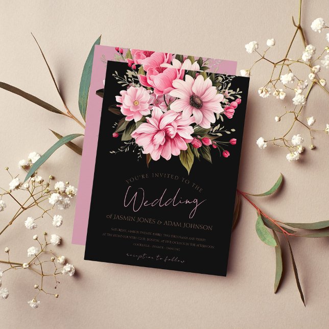 Floral Black Pink Flowers Dark Aesthetic Wedding Invitation (Creator Uploaded)
