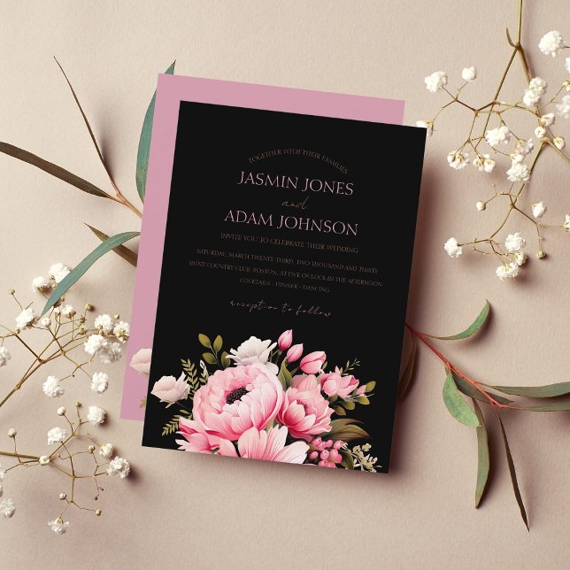 Floral Black Pink Flowers Dark Aesthetic Wedding Invitation (Creator Uploaded)