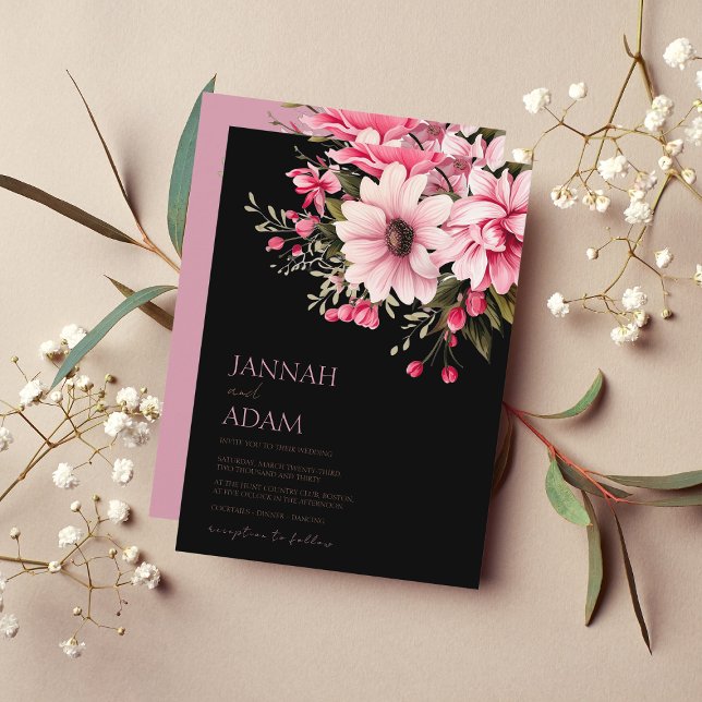 Floral Black Pink Flowers Dark Aesthetic Wedding Invitation (Creator Uploaded)