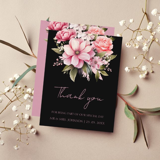 Floral Black Pink Flowers Dark Aesthetic Wedding Thank You Card (Creator Uploaded)