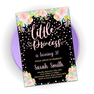 Floral Black Princess Birthday Invitations
