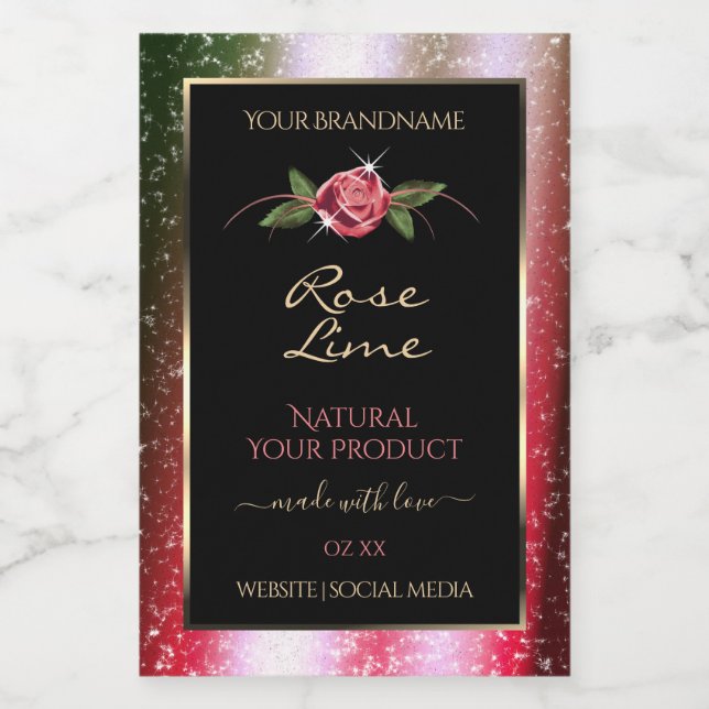 Floral Black Product Labels Green and Pink Glitter (Single Label)