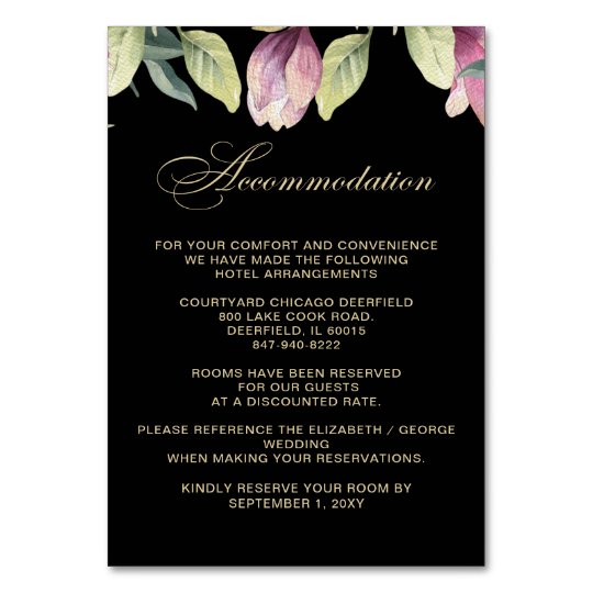 Floral Black Purple Gold wedding accommodation Card
