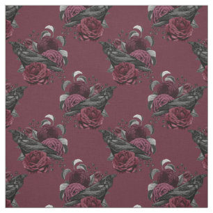 Floral Black Raven on Wine Fabric