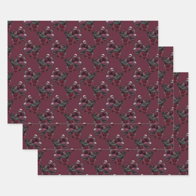 Floral Black Raven on Wine Wrapping Paper Sheet (Set)