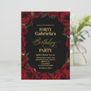 Floral Black Red Gold 40th Birthday Invitation