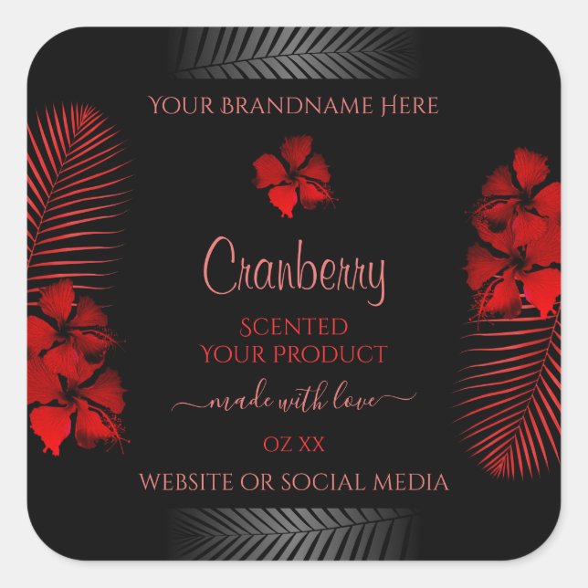 Floral Black Red Product Labels Hawaiian Flowers (Front)