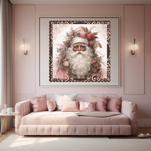 Floral Black Santa in Nostalgic Pink Holiday Poster