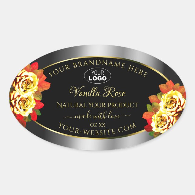 Floral Black Silver Gold Product Labels Roses Logo (Front)