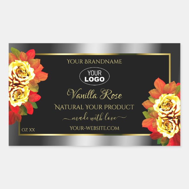 Floral Black Silver Gold Product Labels Roses Logo (Front)