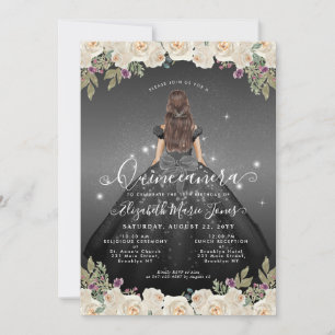 Floral Black Silver Grey Glam Princess Quinceanera Invitation